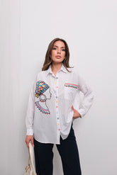 Özel Tasarım Nakış İşlemeli Oversize Uzun Kollu Gömlek 4824 - Beyaz